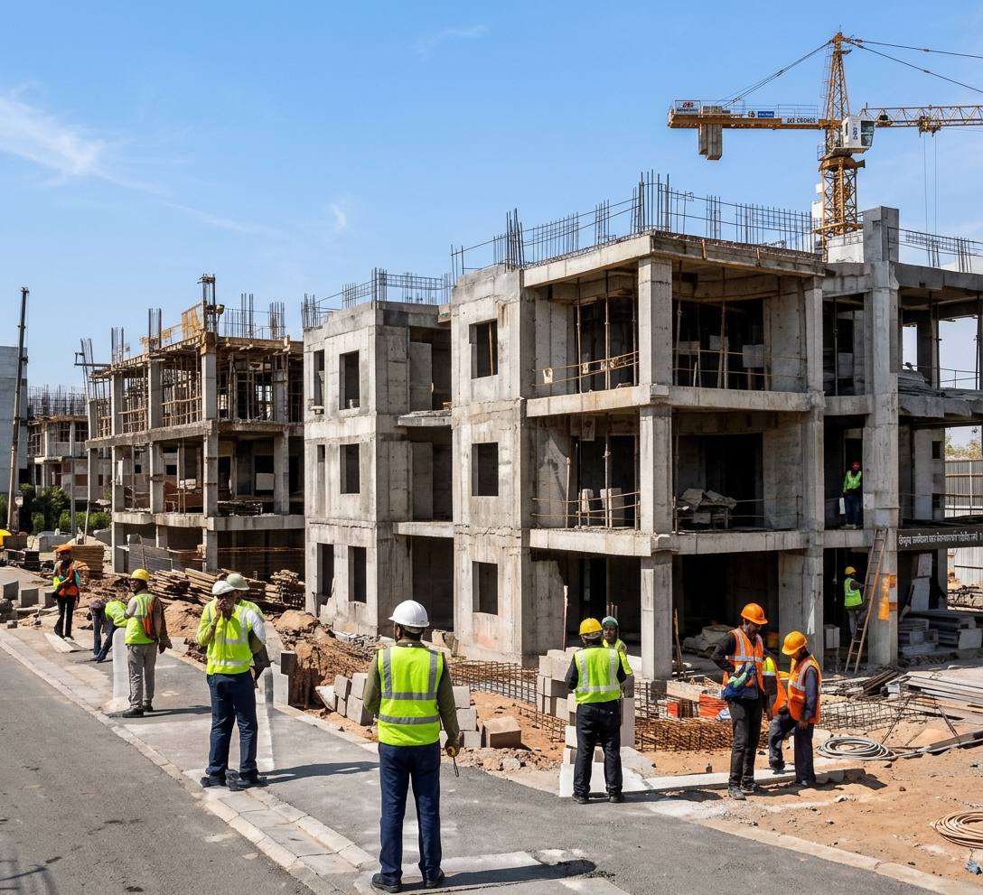 Reinforced concrete building under construction with crews and a tower crane on site.