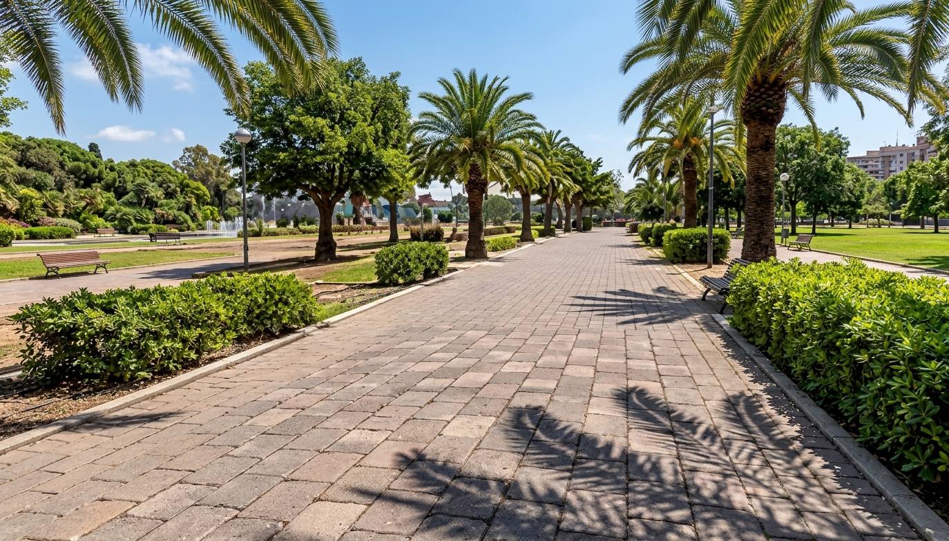 Wide interlock-paved promenade lined with palm trees and hedges.